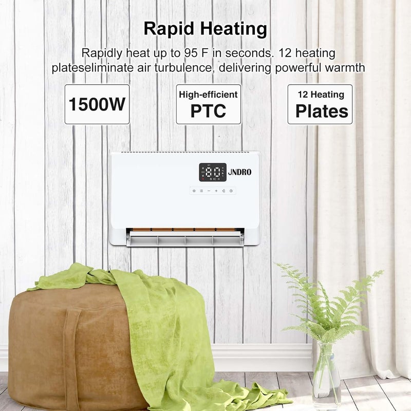 JNDRO Wall-Mounted Space Heater with ECO Thermostat and Remote Control, LED Display, 60°/90°/120° Oscillation Modes, 24-Hour Timer, Indoor Electric Space Heater - Image 2